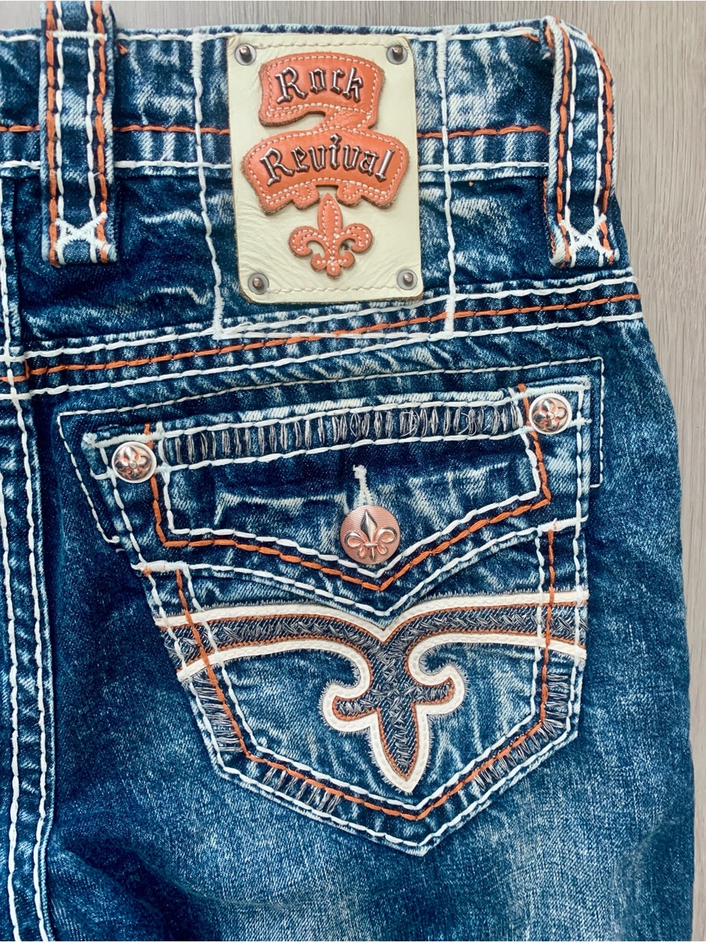Rock Revival Ecton Straight Blue Mens Jeans with Orange Stitching